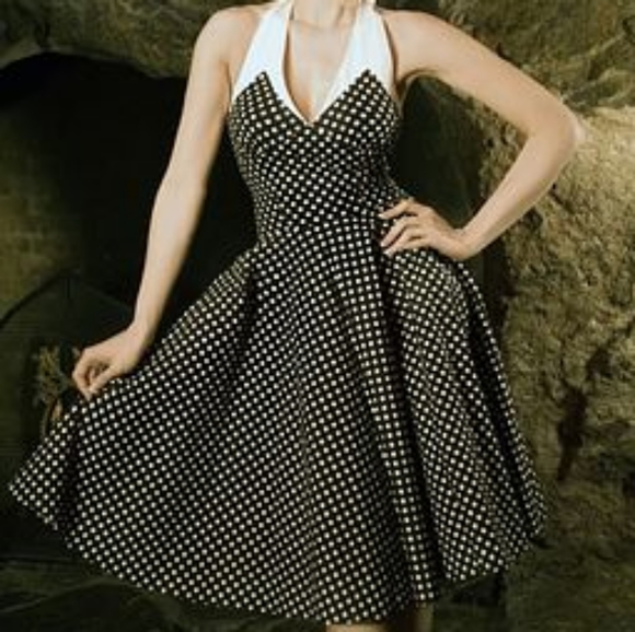 Pinup Couture Rita Halter Swing Dress (Black Polka Dot) XS - Picture 2 of 10